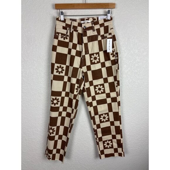 PacSun High‎ Rise Straight Leg Checkered Floral Pants Womens 26 Brown Cream Boho - Picture 1 of 11